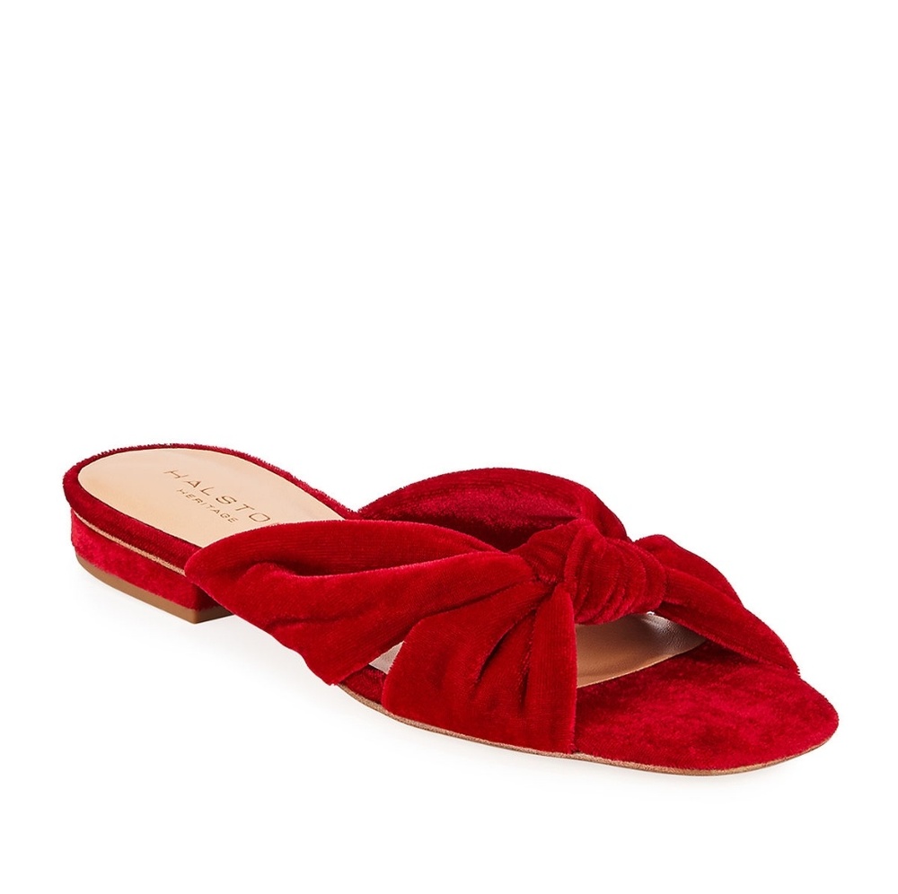 RARE LIKE NEW Halston Heritage Ginny Velvet Knotted Slides Sandal Mule: Red, 8.5